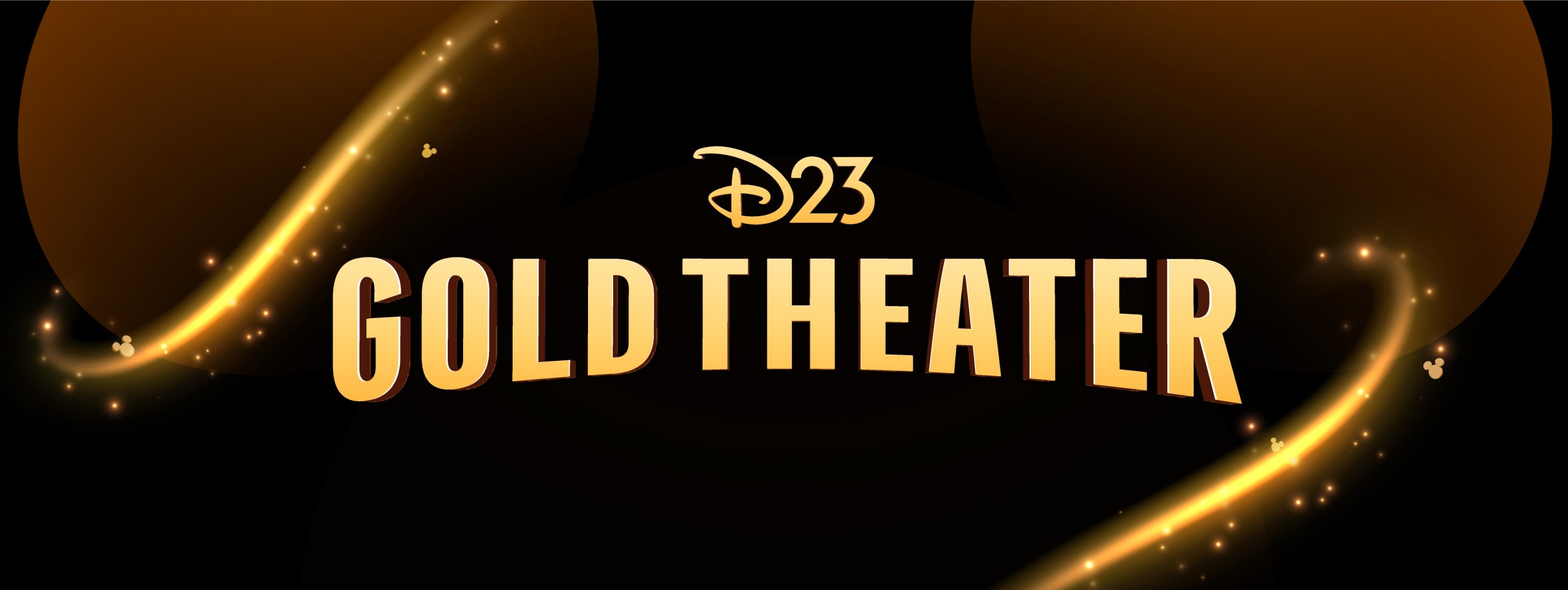D23 Gold Theater promotional graphic featuring gold light trails and the text &ldquo;D23 Gold Theater&rdquo; on a dark background.