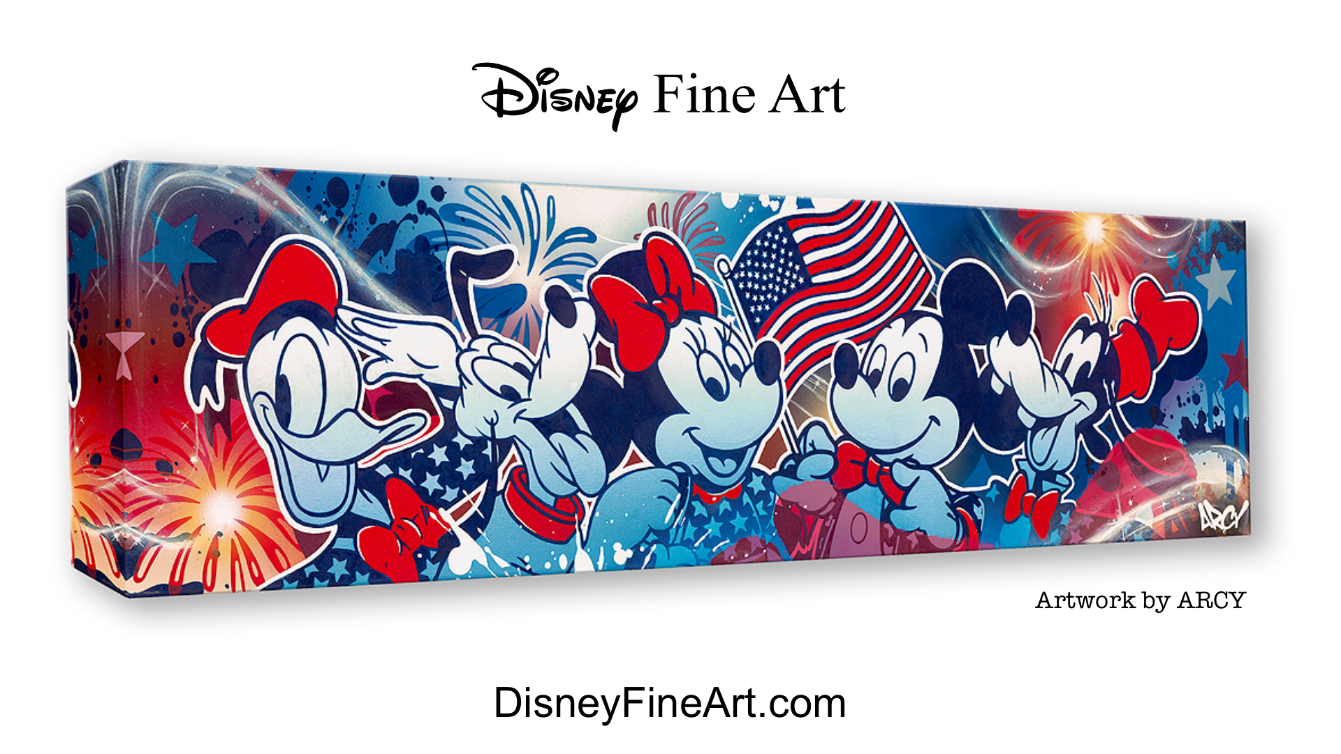 Disney Fine Art print featuring Mickey Mouse, Minnie Mouse, Donald Duck, and Goofy in patriotic artwork.