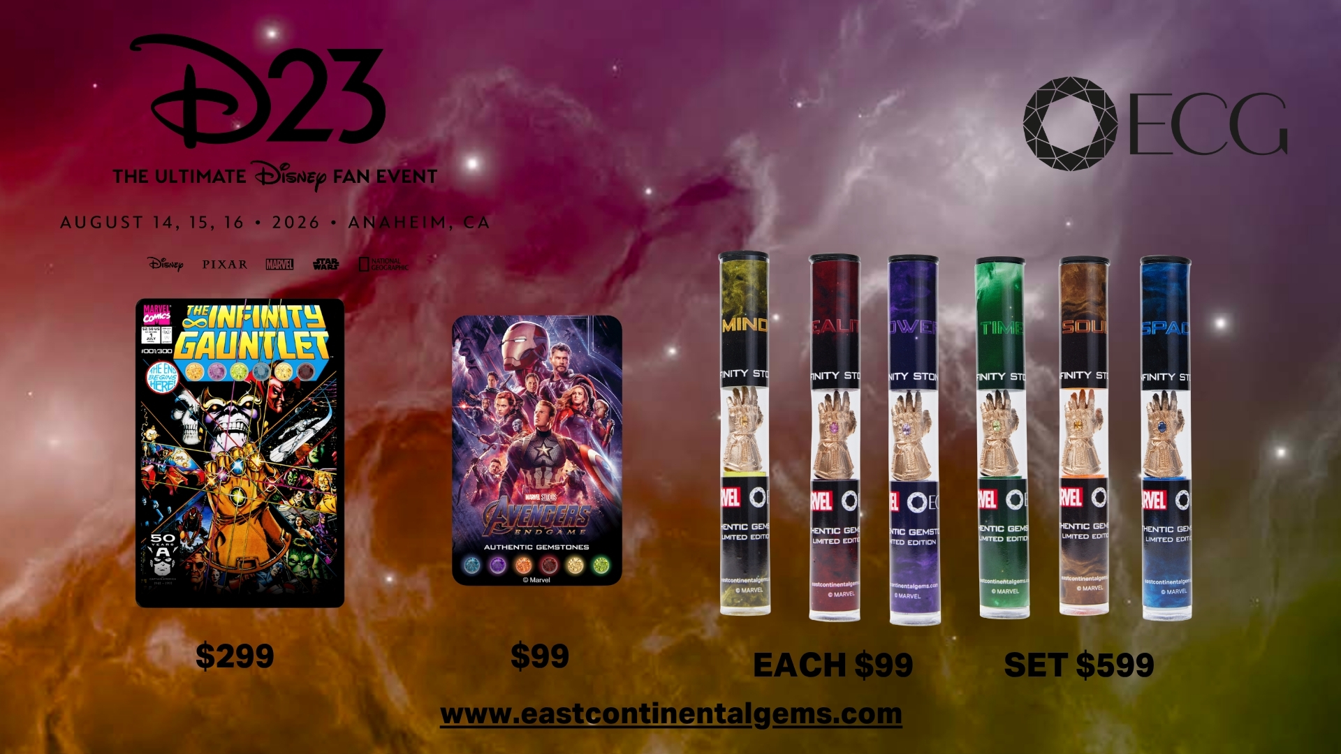D23-exclusive Marvel collectibles, including comics, an Avengers item, and Infinity Gauntlet gemstone tubes.