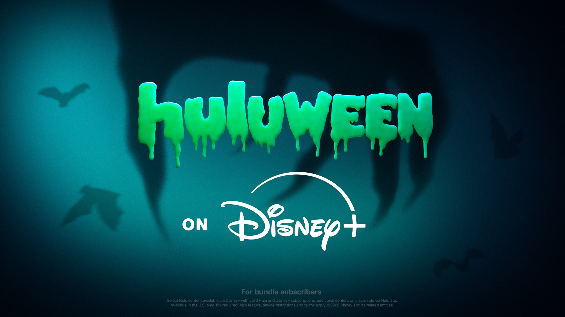 A promotional image for the Huluween on Disney+ campaign, featuring the campaign&rsquo;s logo along with the Disney+ logo, with the shadow of a spooky hand in the background.