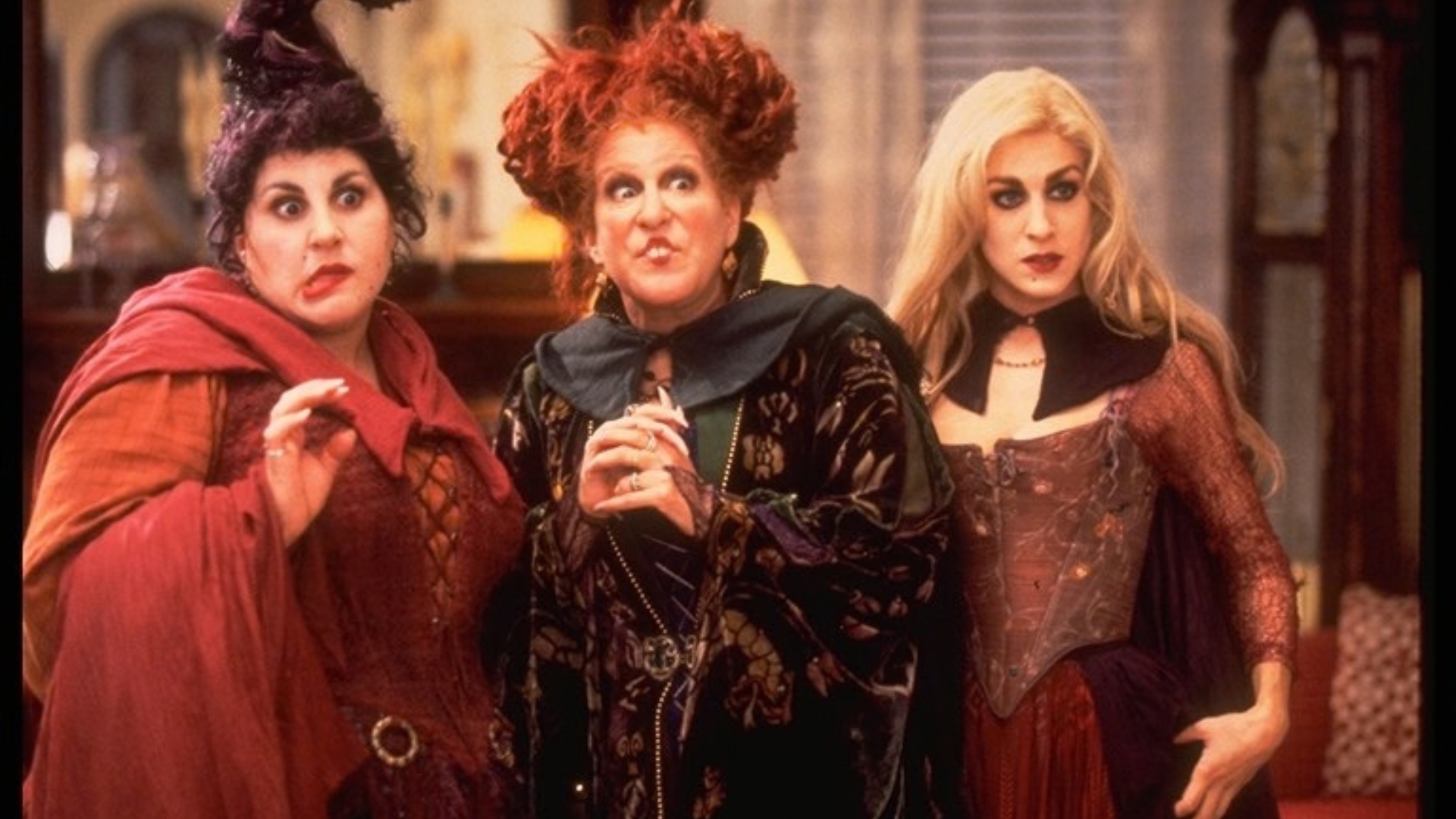 An image from the 1993 Disney film Hocus Pocus, featuring (from left to right) Kathy Najimy as Mary, Disney Legend Bette Midler as Winifred, and Sarah Jessica Parker as Sarah.