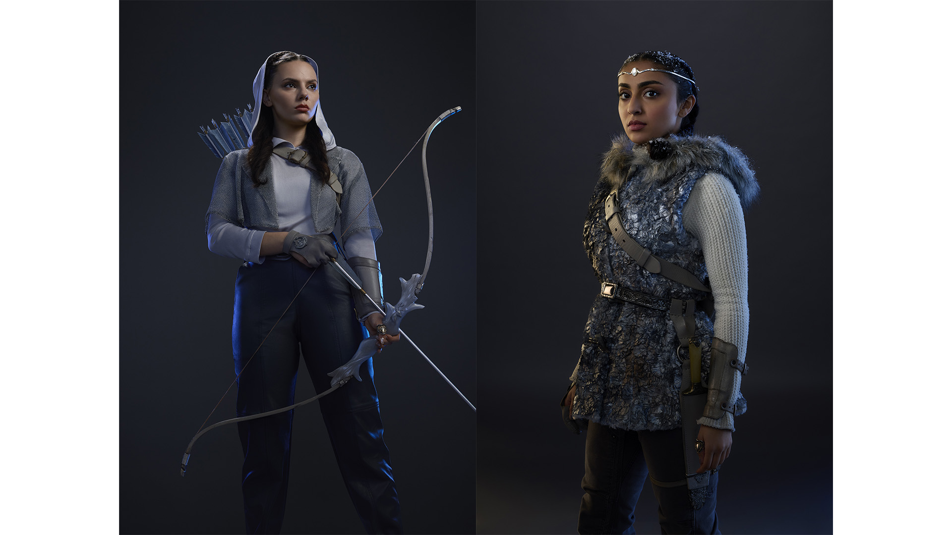 Promotional photos of Artemis (Dafne Keen) and Zoë Nightshade (Saara Chaudry) for Percy Jackson and the Olympians Season 3