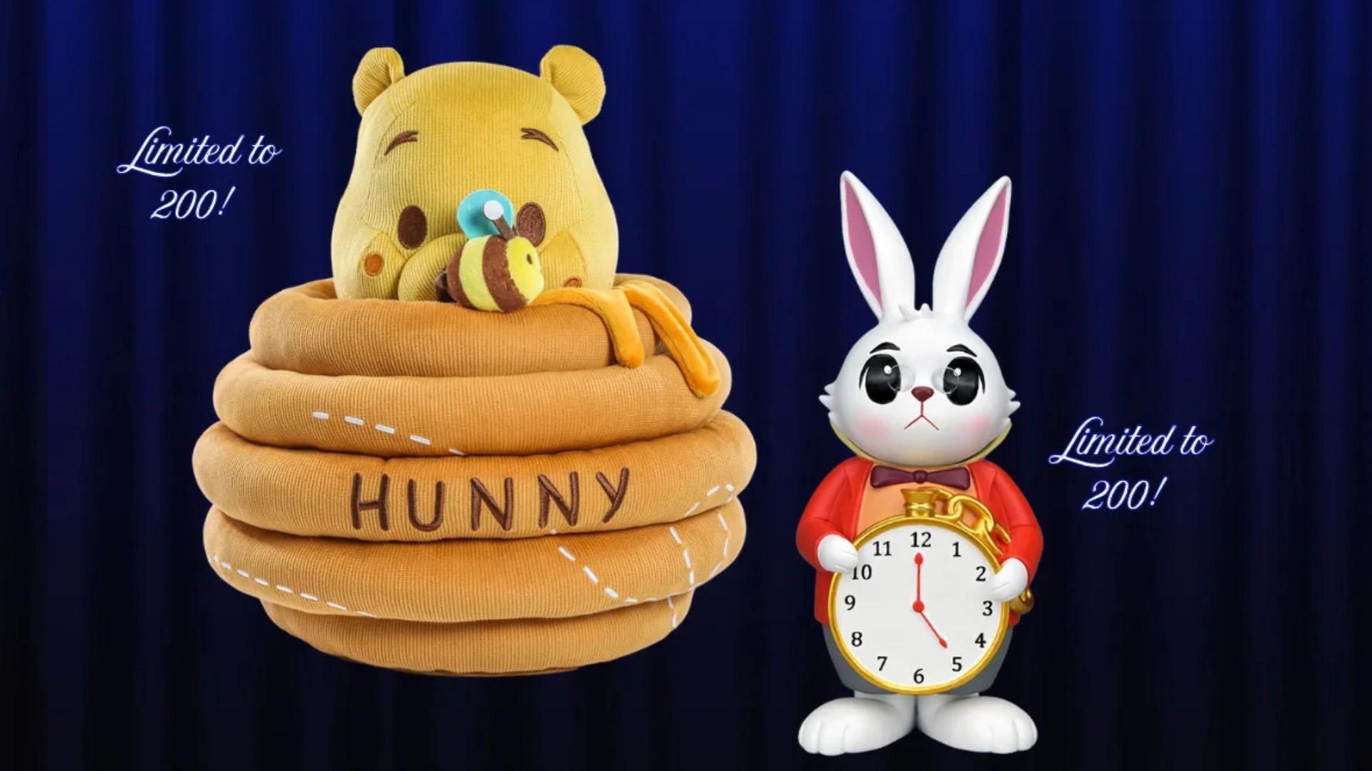 Limited-edition Winnie the Pooh and White Rabbit collectibles displayed against a dark blue background.
