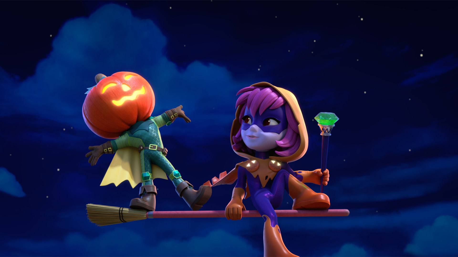 An image of Hallows Eve and her sidekick Jack O' Lantern. 