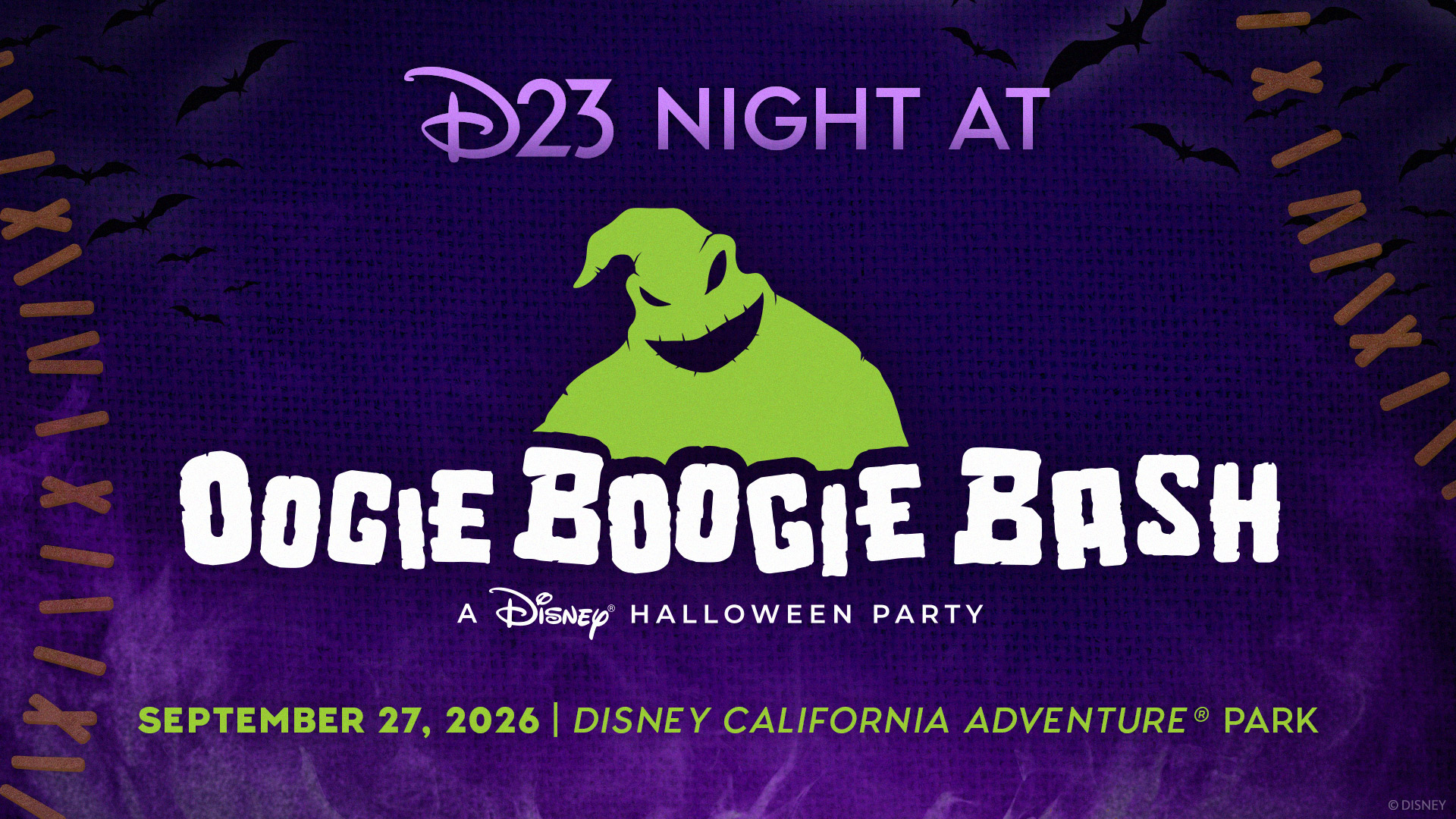 D23 Night at Oogie Boogie Bash promotional graphic features Oogie Boogie and event details for September 27, 2026, at Disney California Adventure Park.