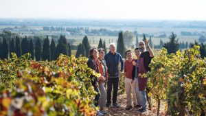 In a promotional image, an Adventures by Disney Adventure Guide gestures while a group stands among vineyard rows overlooking the Rhône countryside.