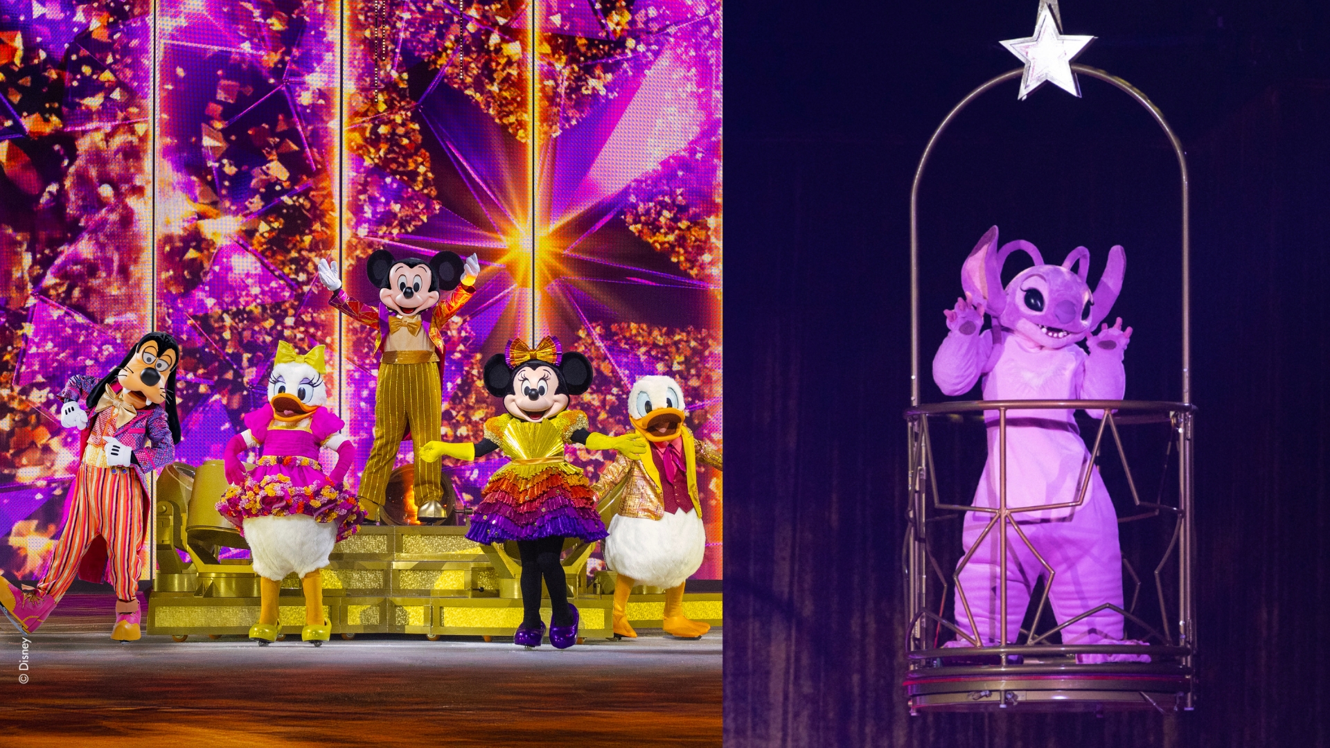 Side by side images from Disney On Ice&rsquo;s latest show, Spotlight Magic! On the left, Mickey Mouse and the gang are on the ice in the middle of a dance number. On the right, Angel from Lilo & Stitch is seen.