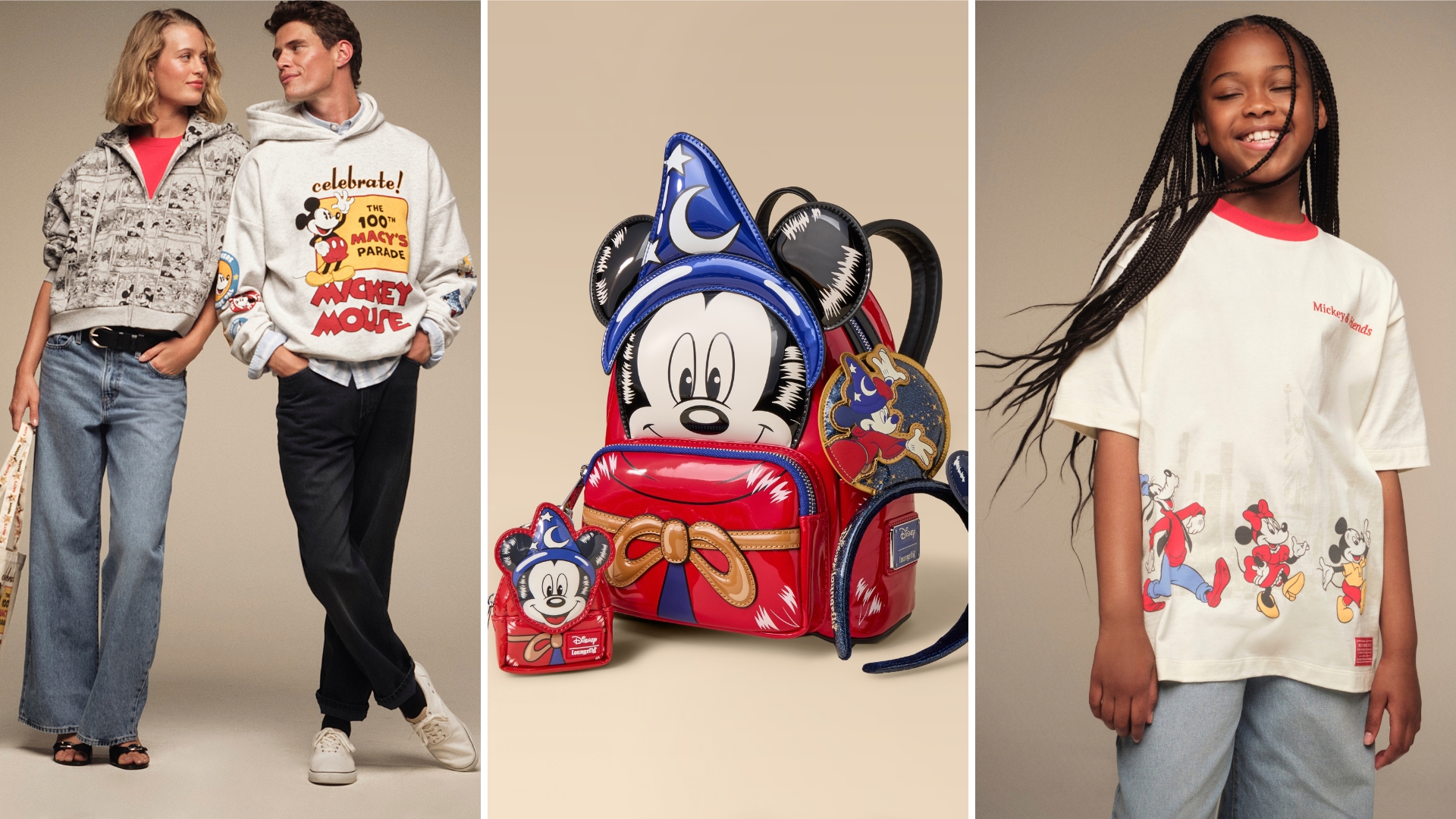 A triptych of images featuring the Disney and Macy&rsquo;s holiday collection for 2026: On the left, two models wear Disney and Macy&rsquo;s Parade apparel featuring a Mickey Mouse celebration hoodie, comic-print jacket, graphic T-shirt, and tote bag. In the middle, the Disney x Loungefly Sorcerer Mickey backpack collection featuring a character backpack, mini pouch, ear headband, and character patch. On the right, Child wearing a cream Mickey & Friends graphic T-shirt with character artwork along the hem and light blue jeans.