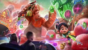 An artist&rsquo;s rendering of guests riding the new Wreck-It Ralph-themed attraction, Sugar Rush: Sweet Rescue, coming to Tokyo Disneyland in spring 2027.