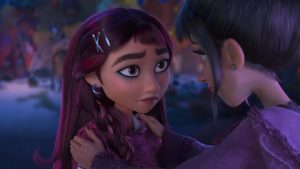 In this scene from Walt Disney Animation Studios&rsquo; Hexed, Billie Doe, a 16-year-old girl with purple hair, silver barrettes, heavy black eyeliner, and a silver crescent moon-shaped earring, locks eyes with her mother, Alice, who rests both hands on Billie&rsquo;s shoulder.