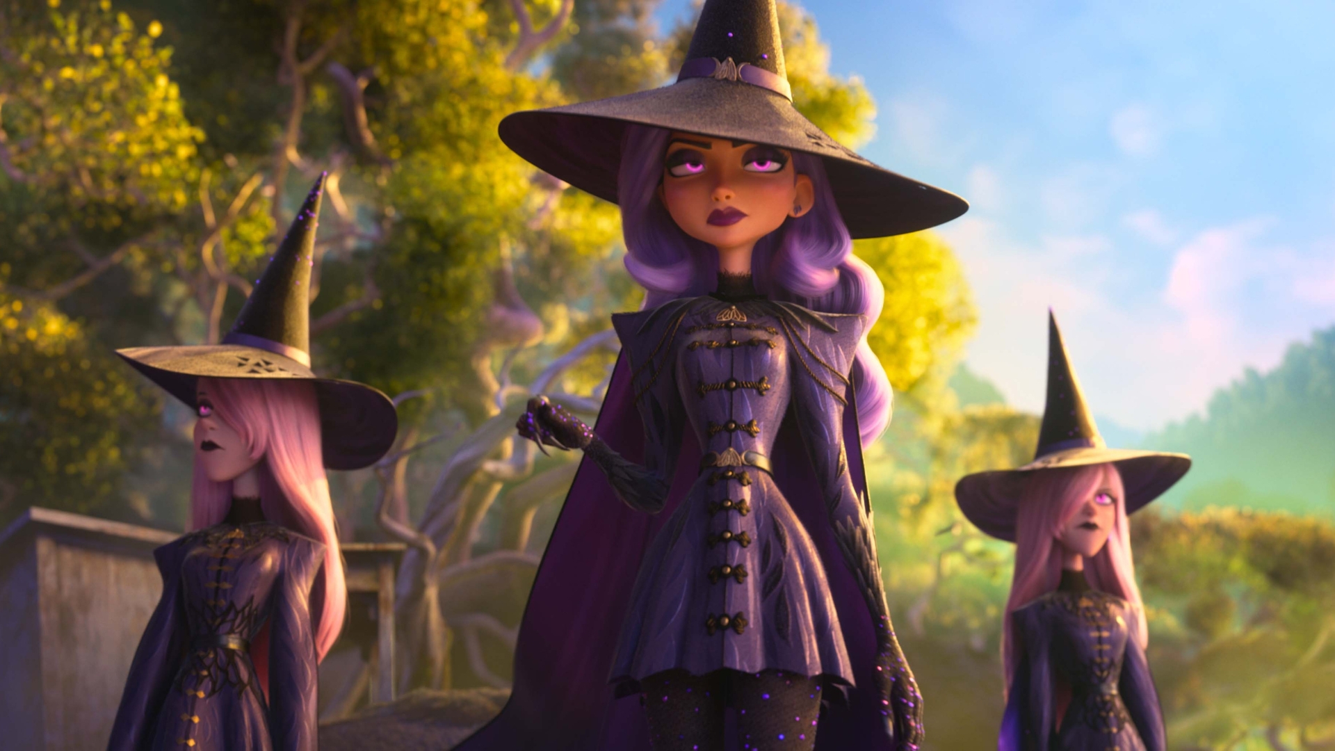 In this scene from Walt Disney Animation Studios&rsquo; Hexed, a trio of witches with purple hair, glowing purple eyes, and purple outfits and pointy hats, walk in unison outside.