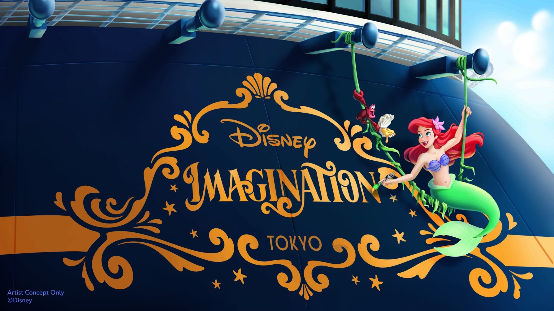 Concept art for The Little Mermaid&rsquo;s Ariel and Sebastian, the stern characters featured on Disney Cruise Line&rsquo;s newest ship, Disney Imagination