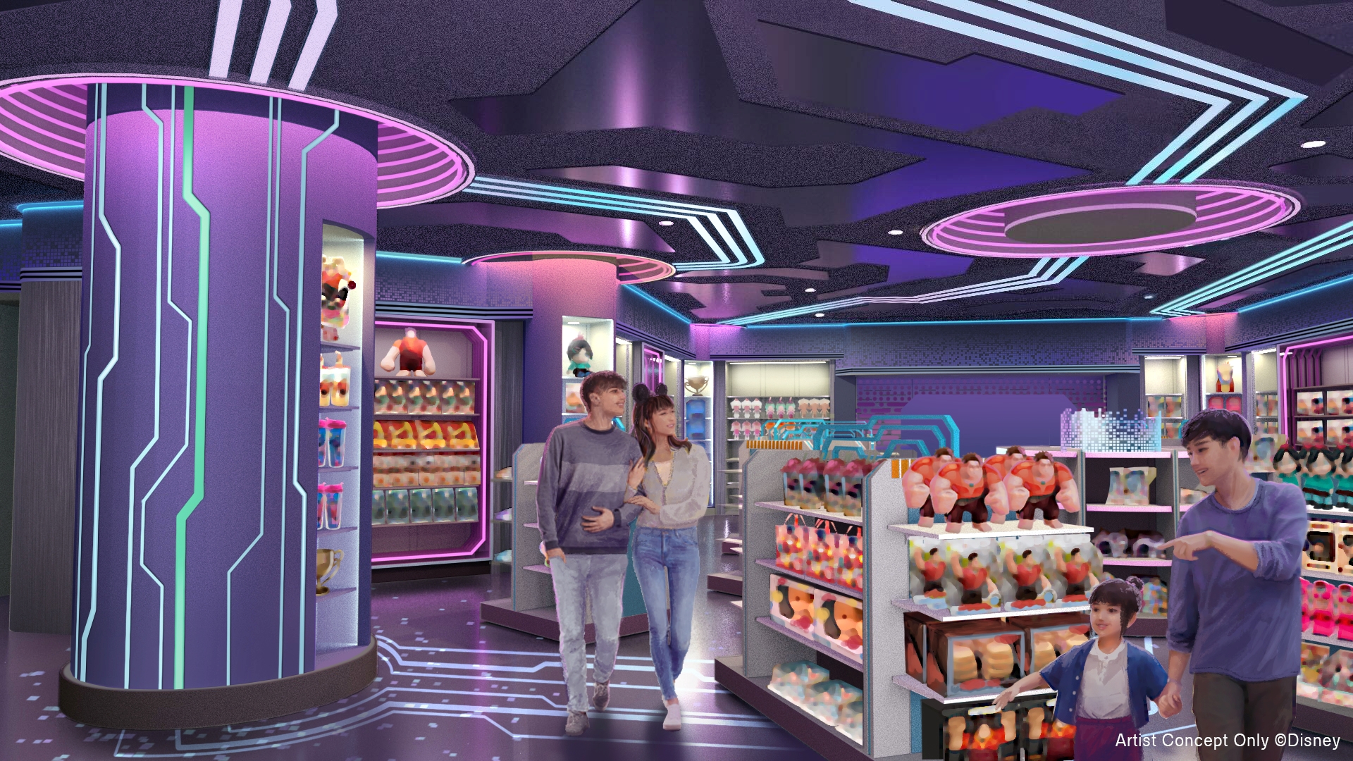An artist’s rendering of Pixel Prism, a new shop located next to the Sugar Rush: Sweet Rescue attraction coming to Tokyo Disneyland in 2027.