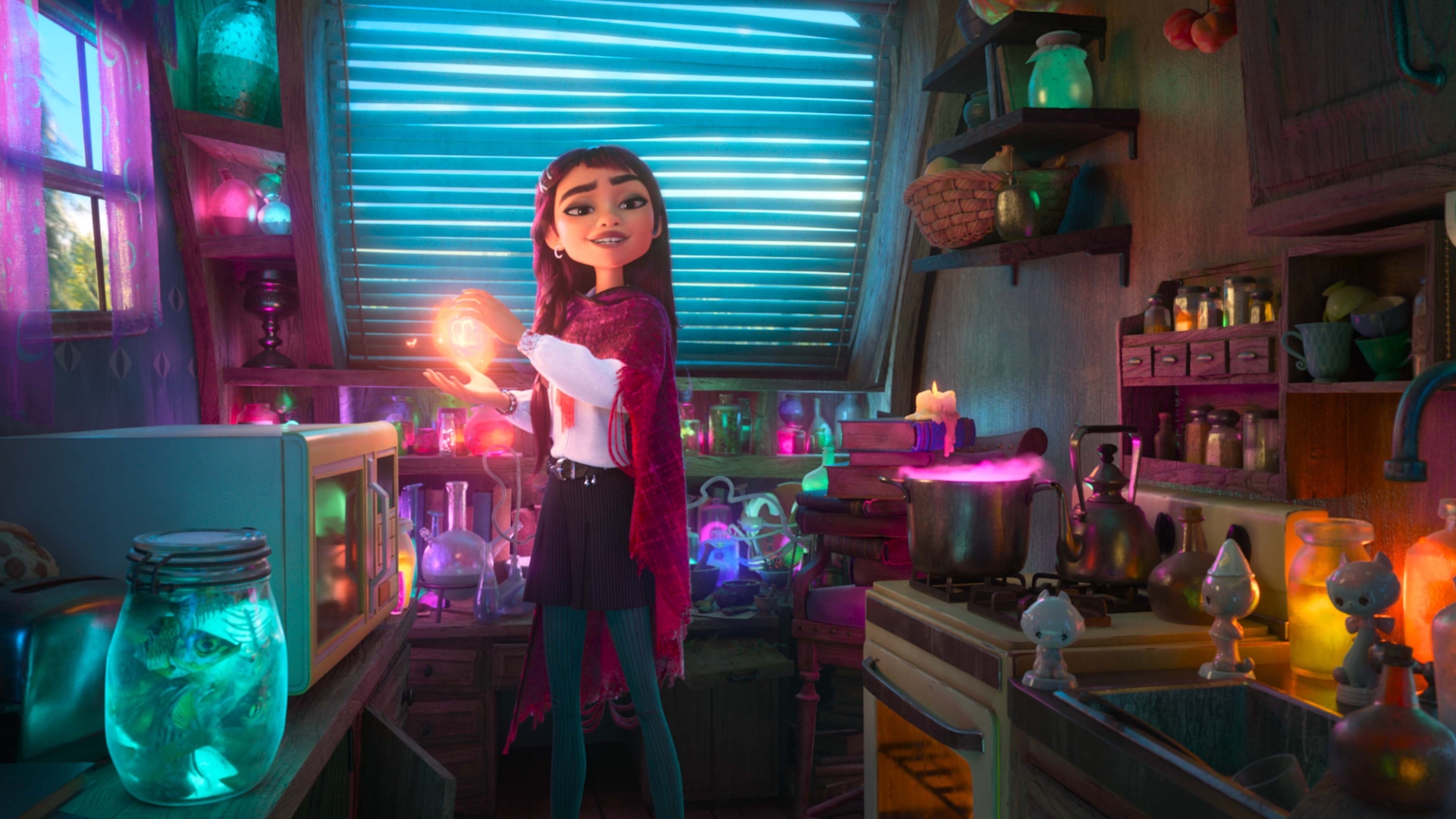 In this scene from Walt Disney Animation Studios&rsquo; Hexed, 16-year-old Billie Doe conjures a spark of magic while standing inside Beef Roger Crummchuk&rsquo;s cluttered home.