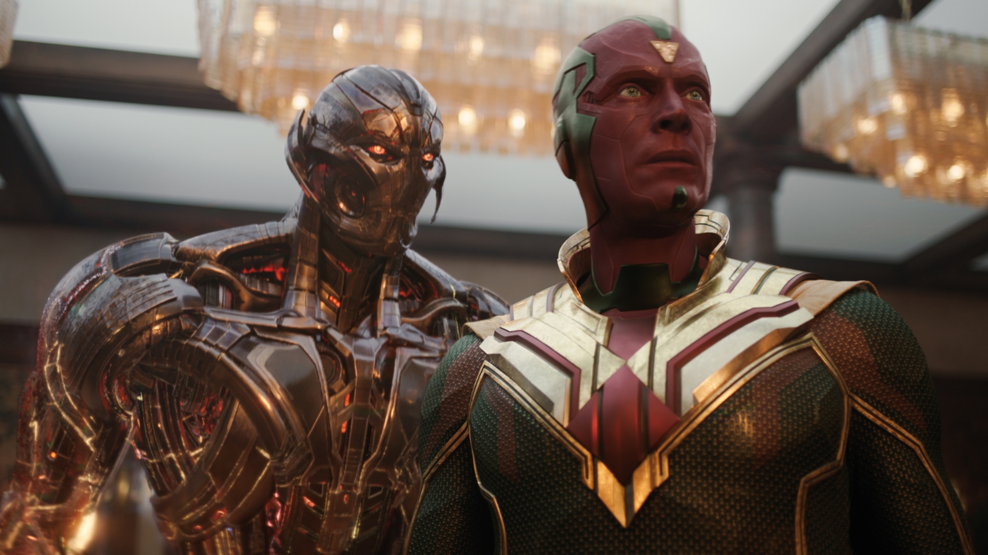 In this scene from Marvel Television&rsquo;s VisionQuest, Ultron, played by James Spader, and Vision, played by Paul Bettany, appear in their robotic and synthezoid forms.