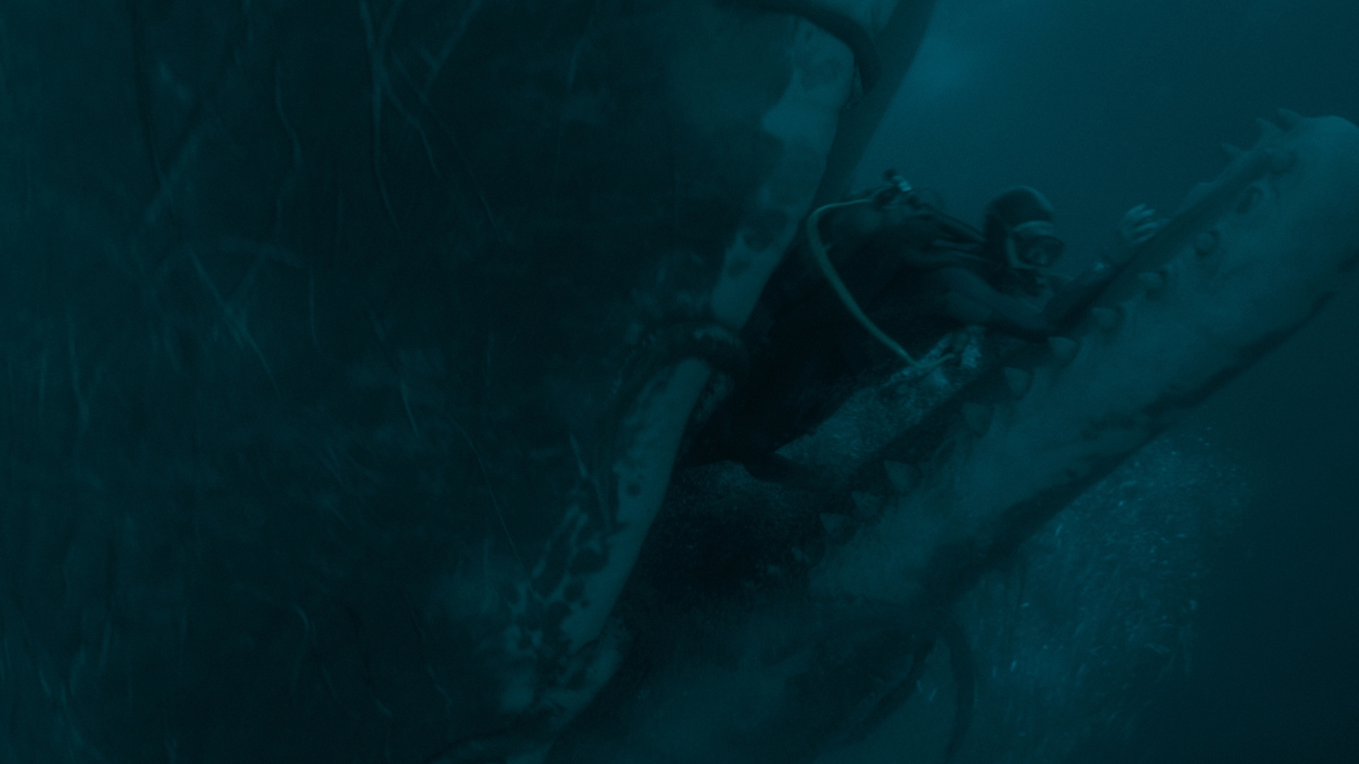 Jay Gardiner, played by Austin Abrams, tries to escape a whale&rsquo;s mouth while fighting off a squid in a scene from 20th Century Studios&rsquo; Whalefall.