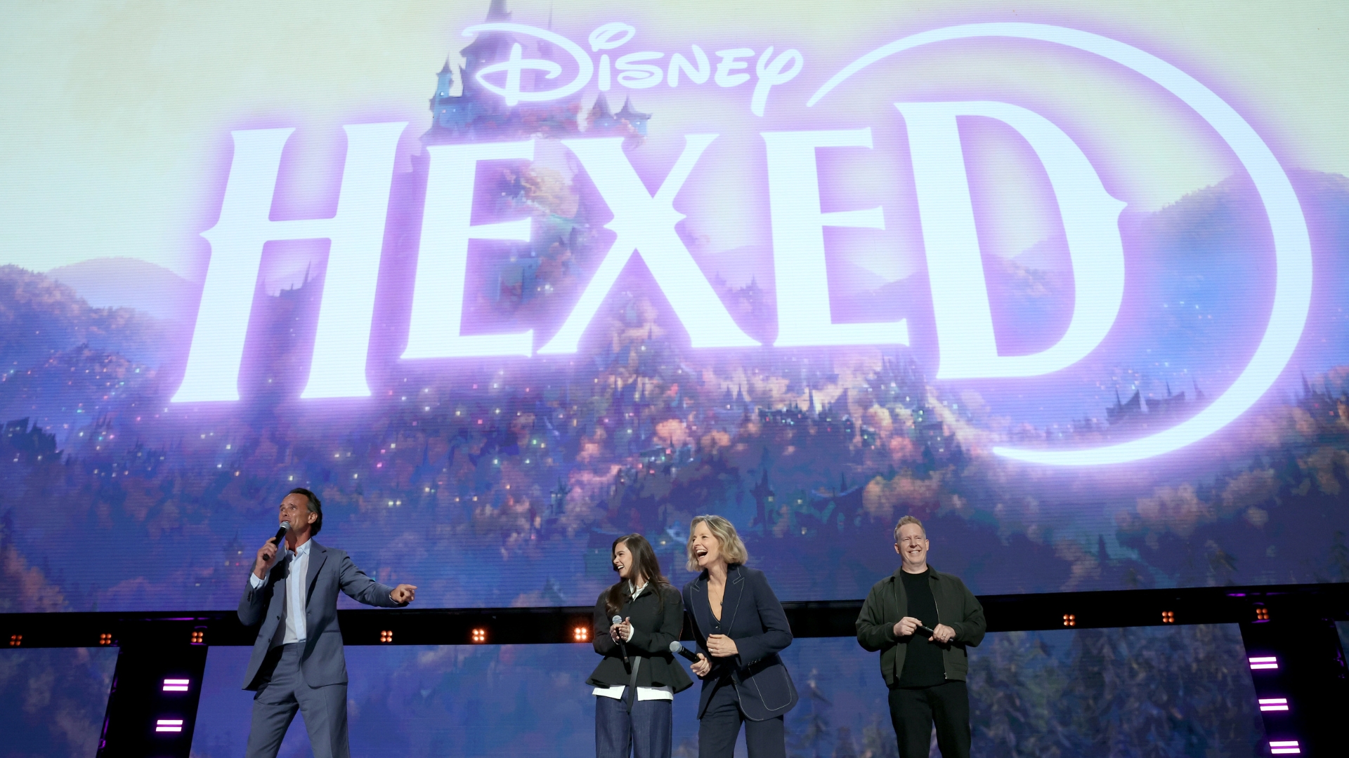 Hexed&rsquo;s Walton Goggins, Hailee Steinfeld, Jodie Foster, and Jared Bush appear onstage during the Disney Entertainment showcase at D23: The Ultimate Disney Fan Event.