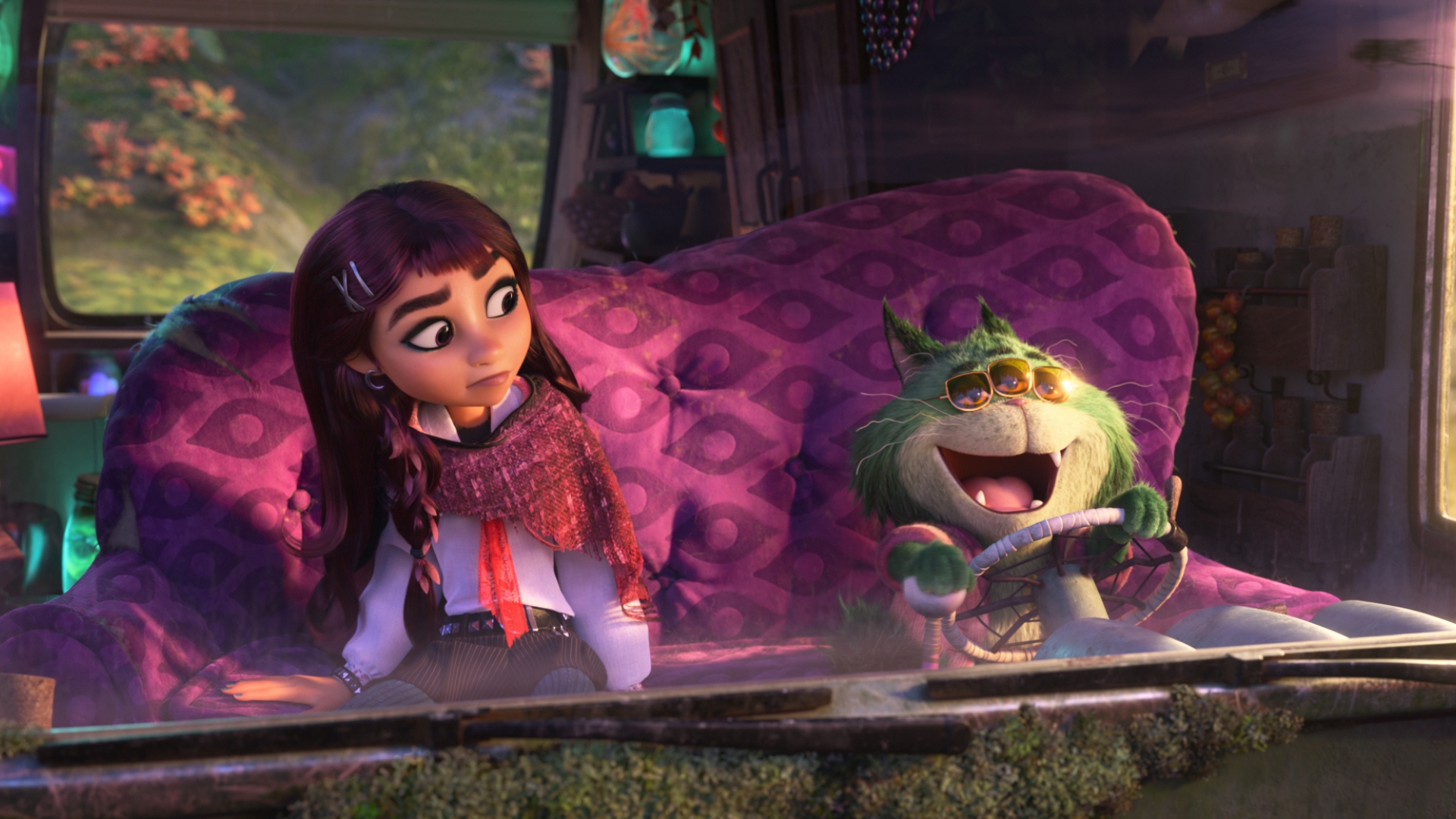 This scene from Walt Disney Animation Studios&rsquo; Hexed features Billie Doe, a 16-year-old girl with purple hair, wearing silver barrettes, heavy black eyeliner, a silver crescent moon-shaped earring, a red kerchief, and studded belt, a white shirt, striped purple pants, gray leggings, and a purple cape. She is looking at Beef Roger Crummchuk, a three-eyed green cat, who is smiling on a purple couch while driving his mobile home.