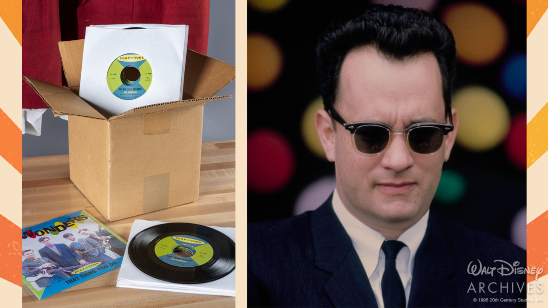 In the photo on the left, a cardboard box filled with prop Play-Tone Records singles sits on a tabletop display. Several white record sleeves are stacked inside the open box, with a colorful Play-Tone label visible on the top record. In the foreground, an individual vinyl single of &ldquo;That Thing You Do!&rdquo; by the Wonders rests beside an album sleeve featuring a photograph of the band members. The photo on the right is a production still from That Thing You Do! of Mr. White (Tom Hanks), dressed in a dark suit, white shirt, narrow tie, and sunglasses, against a colorful backdrop.