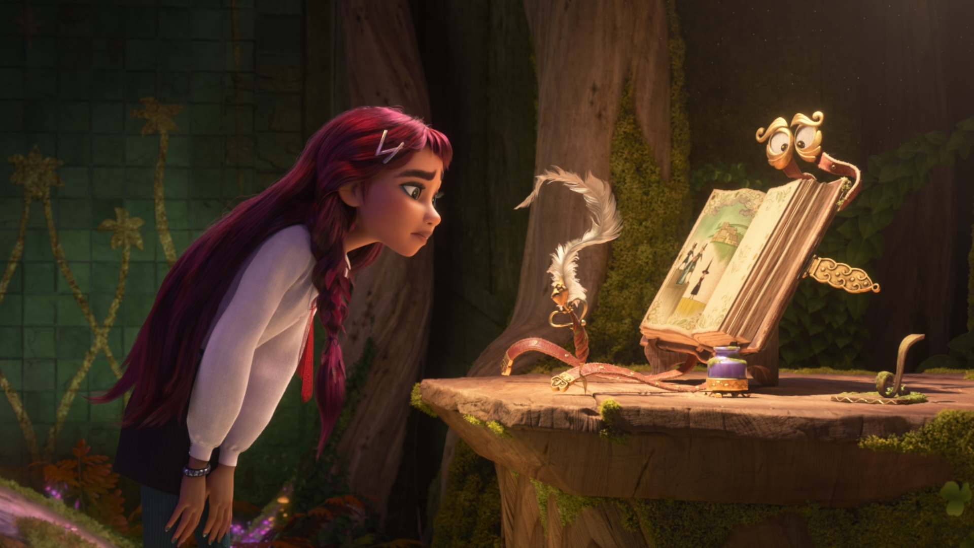  This scene from Walt Disney Animation Studios&rsquo; Hexed shows Billie Doe, a 16-year-old girl with purple hair, hunched over and talking to Quill, an enchanted feather quill pen, and Quire, a magical journal. Billie is wearing a trio of silver barrettes, heavy black eyeliner, a silver crescent-shaped earring, a red kerchief, a white shirt, and striped shorts.