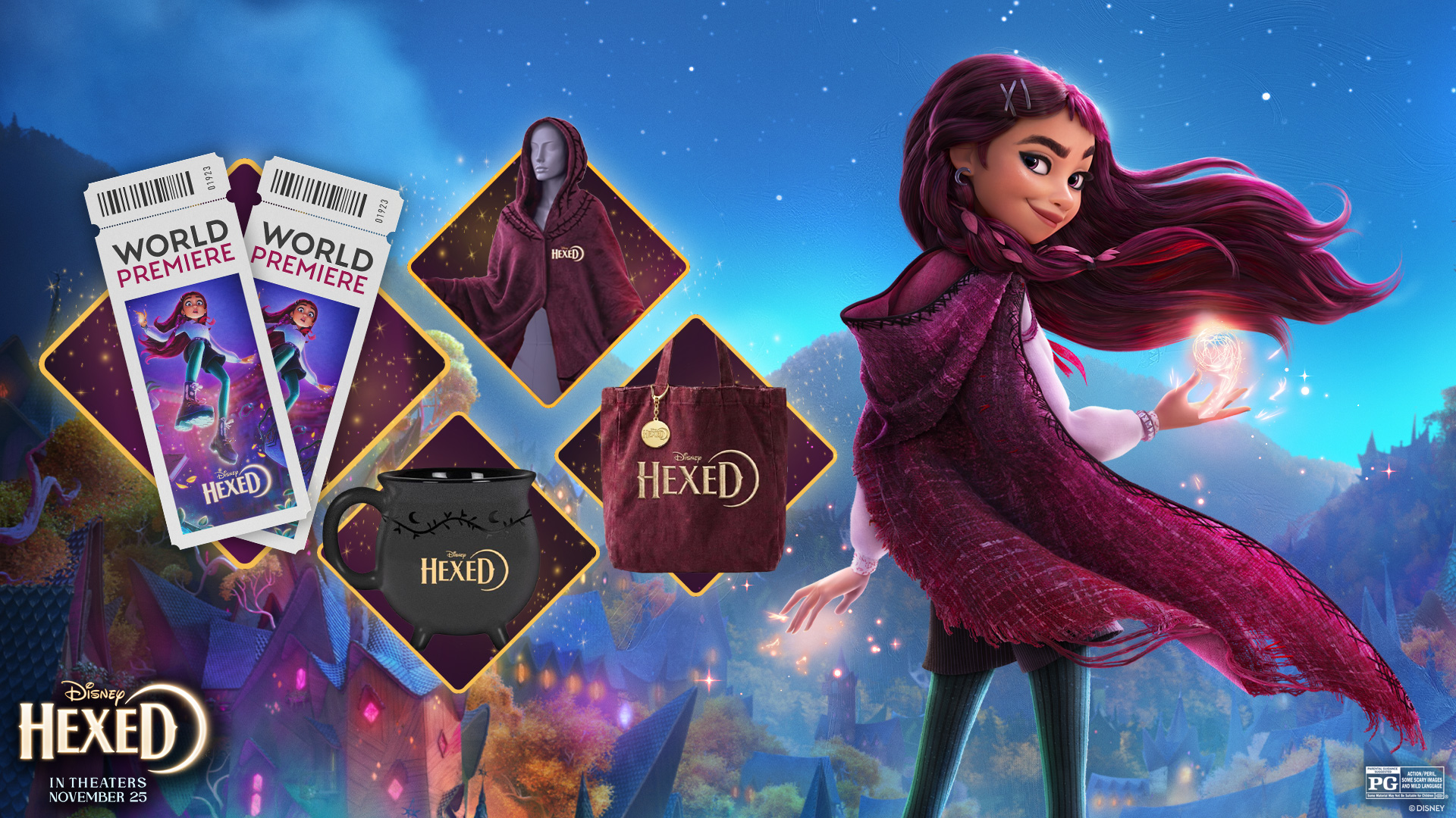 Disney Hexed promotional graphic featuring the Hexed character alongside world premiere tickets, a cloak, tote bag, and mug, with &ldquo;In Theaters November 25&rdquo; text.