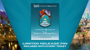 Decorative Tokyo DisneySea 25th Anniversary commemorative pin card featuring a globe design, with limited-release pin included with event ticket purchase.
