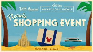D23 presents Mickey&rsquo;s of Glendale Florida Shopping Event on November 15, 2026, with a Mickey Mouse tote and Florida landmarks.