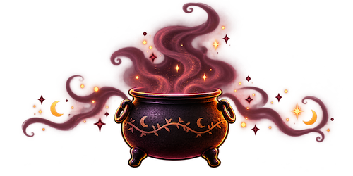 A bubbling black cauldron decorated with crescent moons and vines, surrounded by swirling purple smoke and golden sparkles