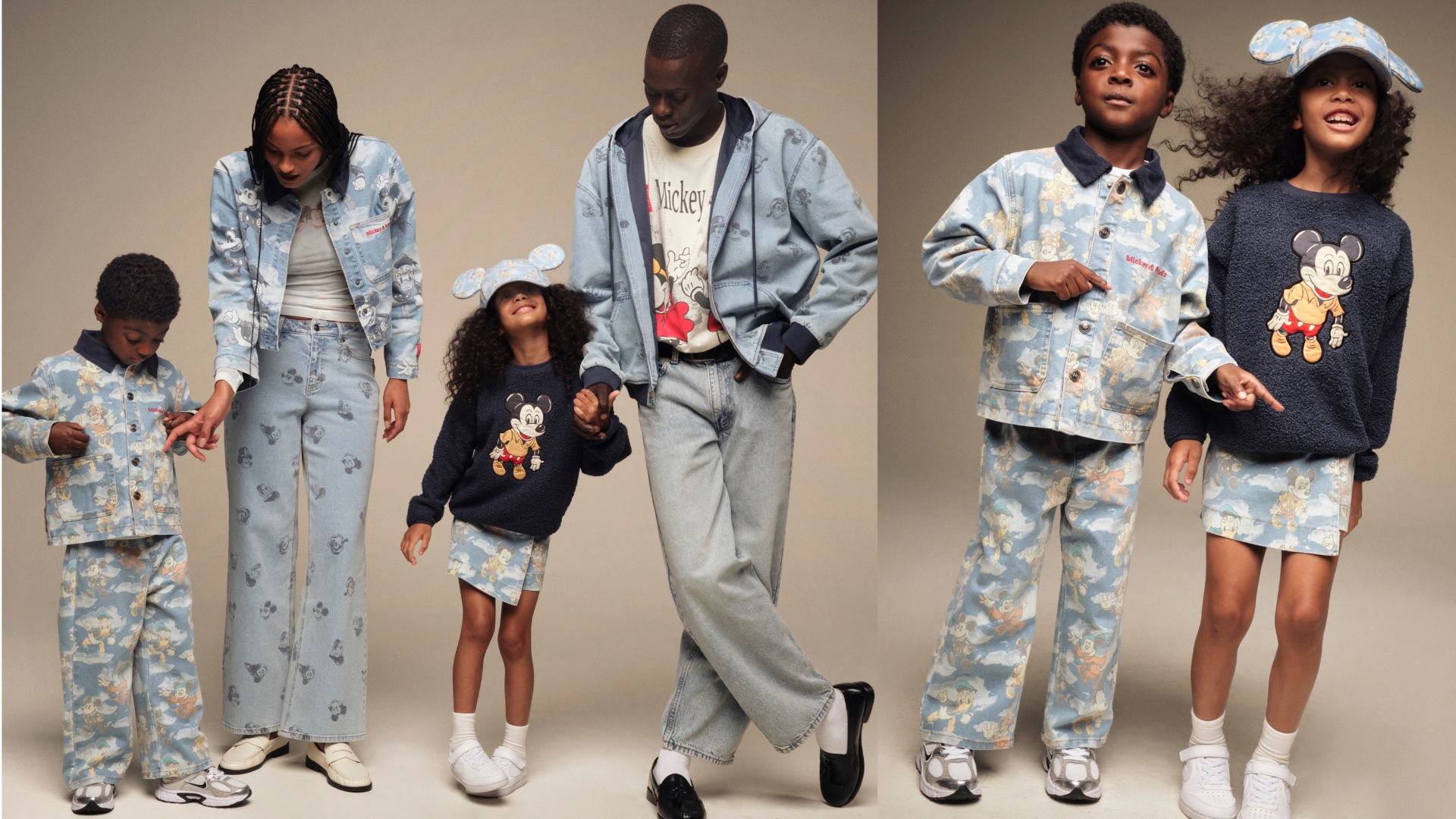 On the left, a family models Disney and Macy&rsquo;s denim apparel featuring Mickey Mouse prints, including jackets, jeans, a hoodie, sweater, skirt, and cap. On the right, two children wear Disney and Macy&rsquo;s character-print denim separates, including a Mickey Mouse sweater, skirt, jacket, pants, and cap.