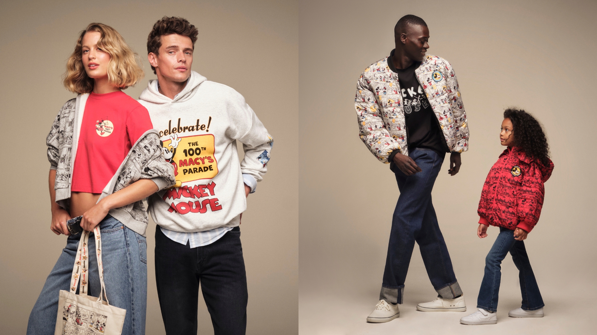 On the left, two models wear Disney and Macy&rsquo;s Parade apparel featuring a Mickey Mouse celebration hoodie, comic-print jacket, graphic T-shirt, and tote bag. On the right, an adult and child wear Disney comic-print puffer jackets with matching denim separates and Mickey Mouse-inspired patches.