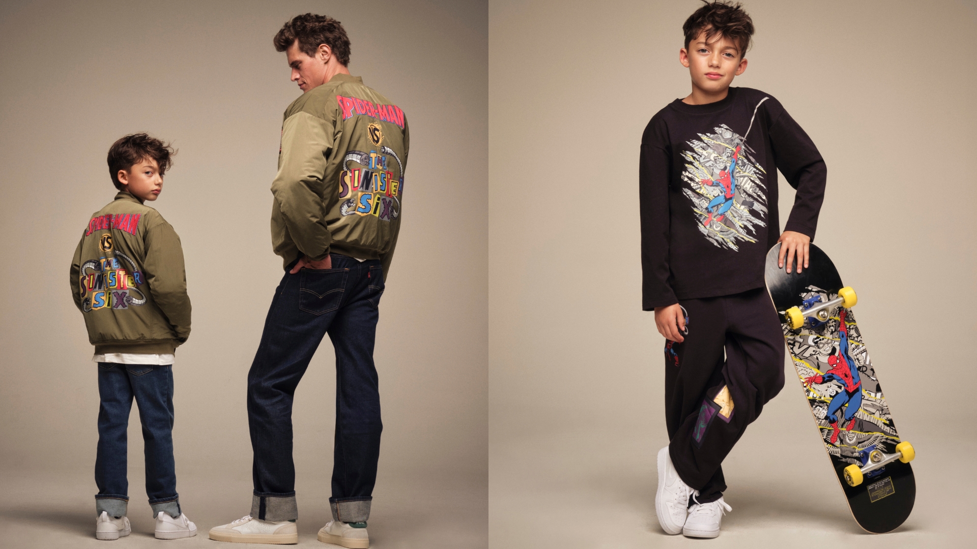 On the left, an adult and child wear matching Marvel Spider-Man bomber jackets featuring &ldquo;Spider-Man vs The Sinister Six&rdquo; artwork on the back. On the right, a child wears a black Marvel Spider-Man graphic sweatshirt and joggers while holding a matching Spider-Man skateboard.