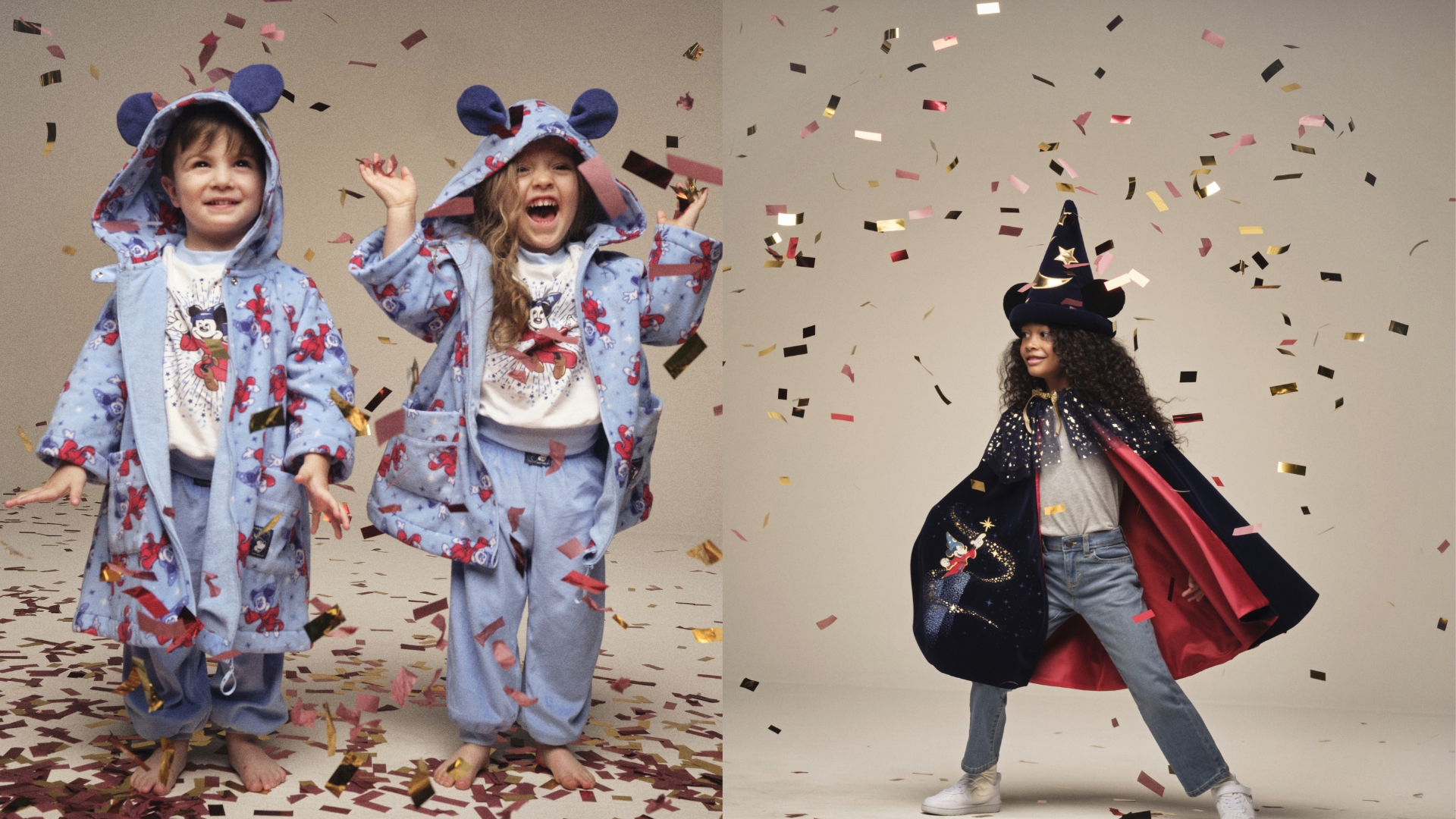 On the left, two children wear light blue Disney and Macy&rsquo;s Mickey Mouse hooded robe sets with ear details and character prints as confetti falls. On the right, a child wears a Sorcerer Mickey costume cape and wizard hat from Macy&rsquo;s, decorated with stars and character artwork.