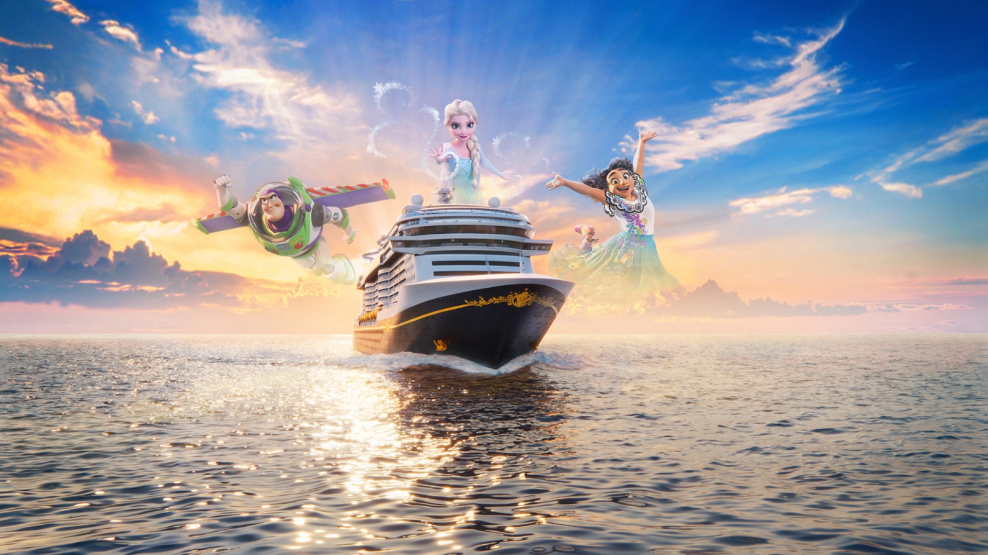 A rendering of the newest ship from Disney Cruise Line, the Disney Believe, as it sails on the ocean&mdash;surrounded by (from left to right) images of the characters Buzz Lightyear, Elsa from Frozen, and Mirabel from Encanto.