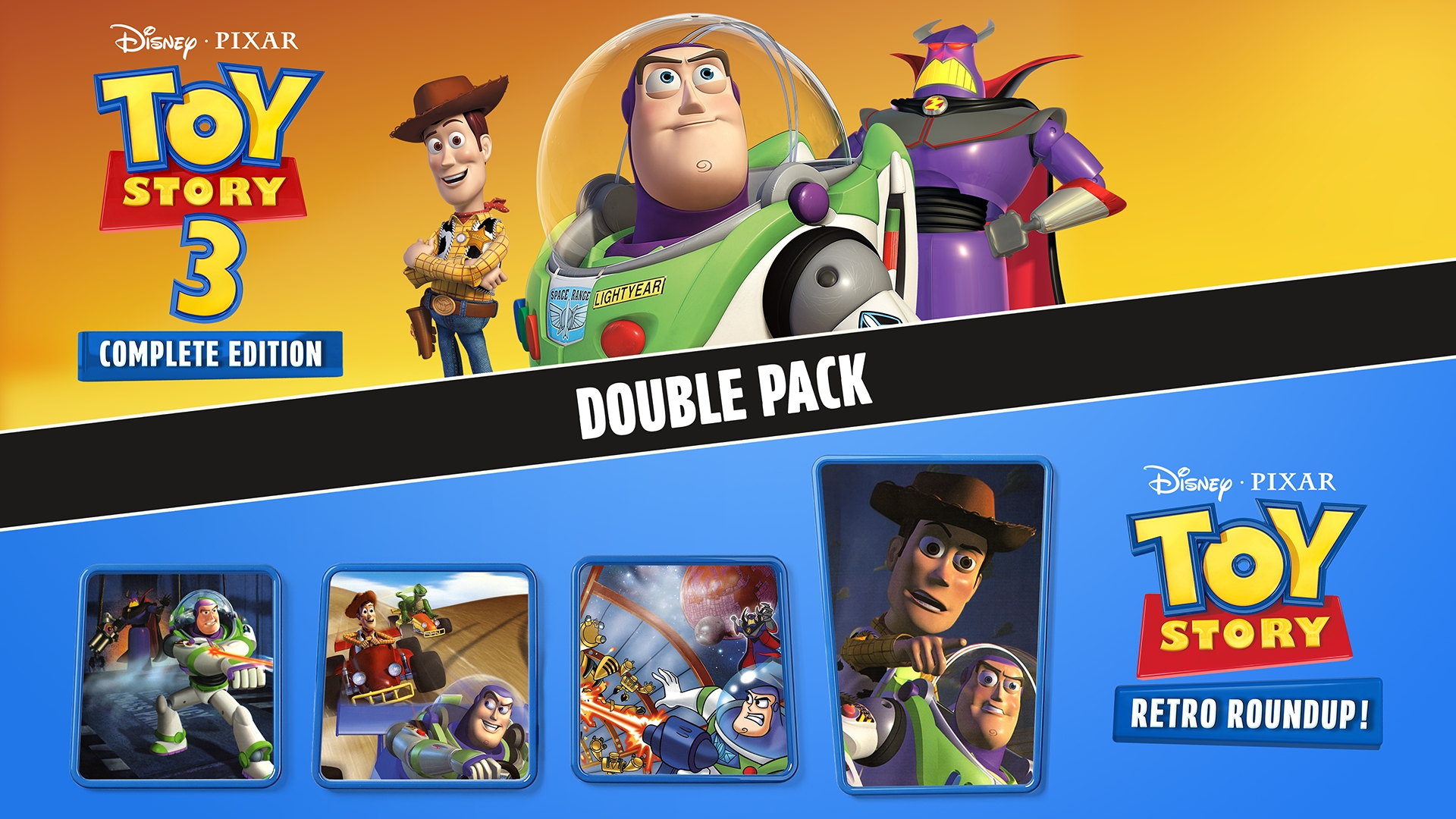 Promotional image for Disney&bull;Pixar Toy Story 3: Complete Edition Double Pack. The top section features a yellow-to-orange gradient background with the Toy Story 3 logo on the left and three animated characters, including a space ranger, a cowboy doll, and a purple robot-like character, standing across the center. A black diagonal banner with large white text reads &ldquo;DOUBLE PACK.&rdquo; The bottom section has a blue gradient background with four small movie scene thumbnails showing action and adventure moments from the film. On the right side is the Disney&bull;Pixar Toy Story logo with the subtitle &ldquo;RETRO ROUNDUP!&rdquo; The overall design uses bright colors and highlights characters and scenes from the animated movie franchise.