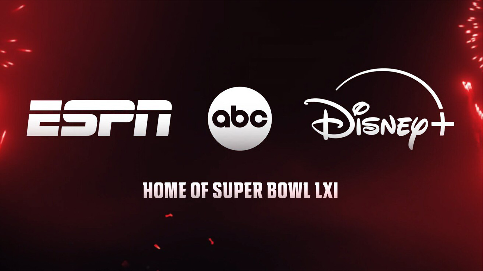 A graphic including logos for ESPN, ABC, and Disney+, along with the phrase &ldquo;Home of Super Bowl LXI.&rdquo;