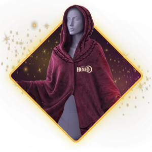 Disney Hexed hooded cloak displayed on a mannequin, featuring the Hexed logo embroidered on the front.