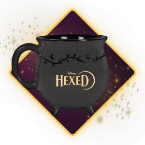 Black Disney Hexed mug with three feet, decorative vine details, and the Hexed logo.
