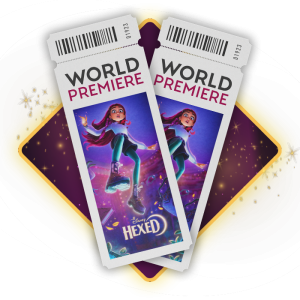 Two Disney Hexed world premiere tickets featuring character artwork and &ldquo;World Premiere&rdquo; text.