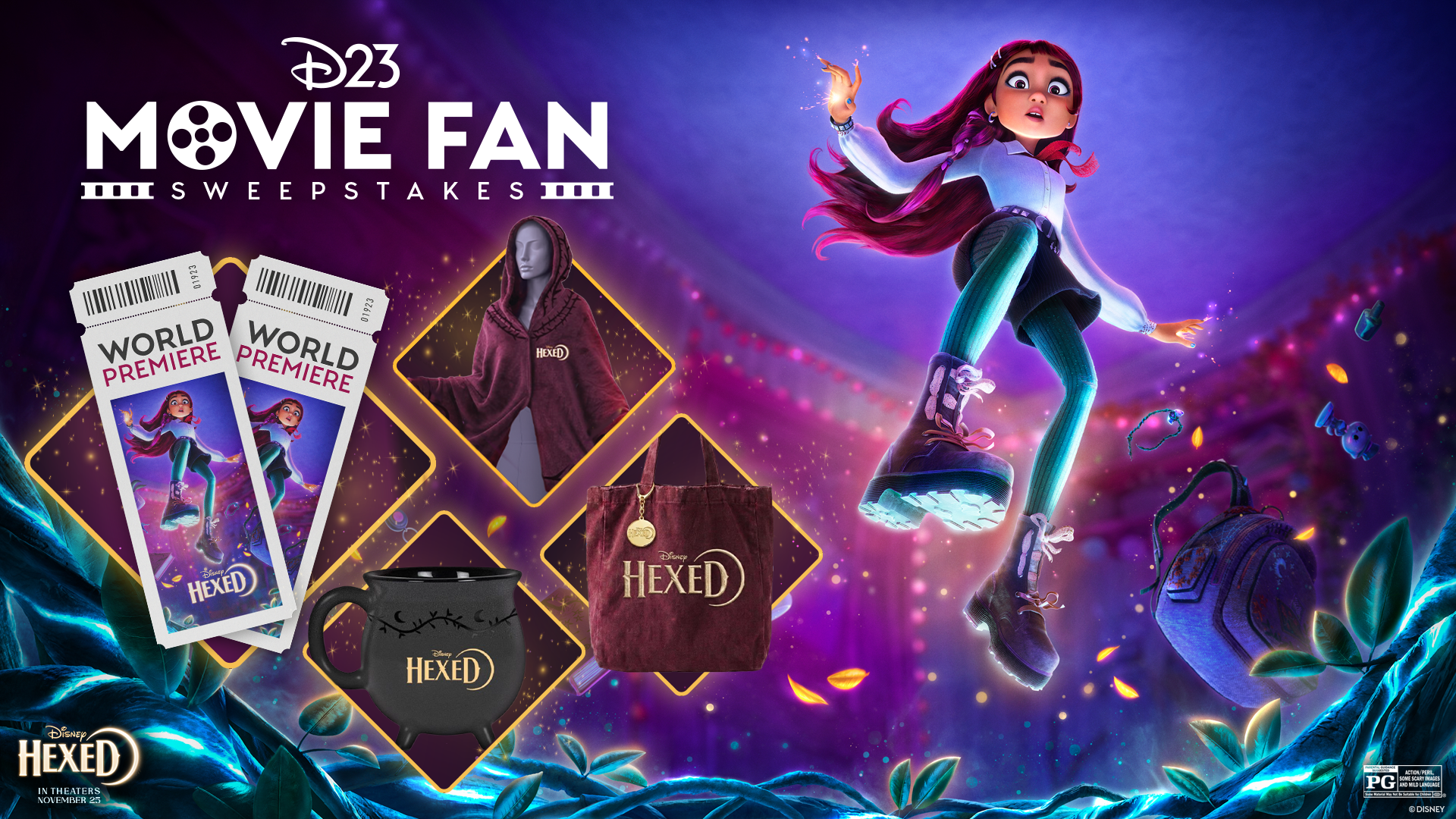 D23 Movie Fan Sweepstakes advertisement featuring a floating animated character and Disney Hexed-themed prizes, including premiere tickets, a mug, tote bag, hoodie, and backpack.