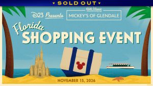 D23 presents Mickey&rsquo;s of Glendale Florida Shopping Event on November 15, 2026, with a Mickey Mouse tote and Florida landmarks. A banner at the top reads SOLD OUT.