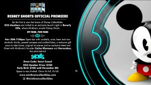 Invitation to the Disney Shorts premiere in Beverly Hills, featuring a stylized Mickey Mouse collectible.