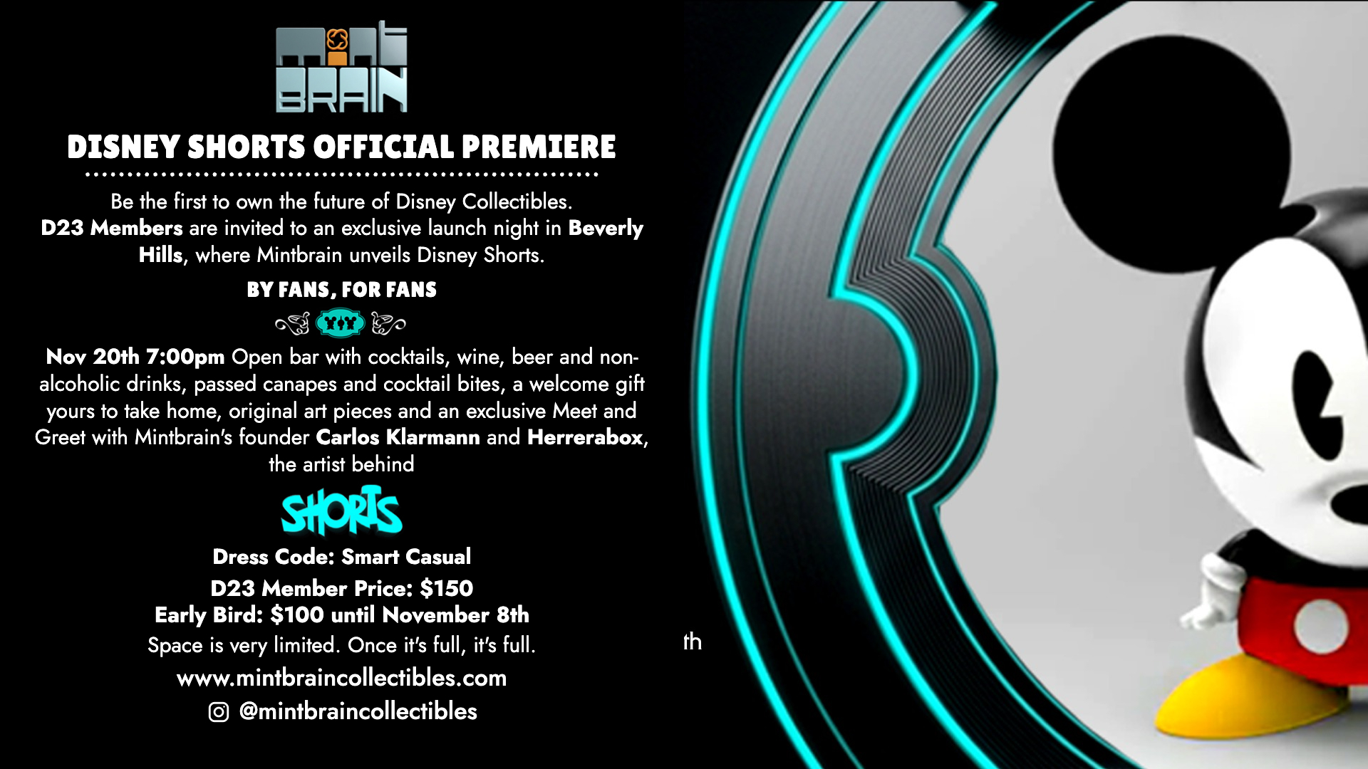 Invitation to the Disney Shorts premiere in Beverly Hills, featuring a stylized Mickey Mouse collectible.