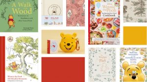 Collage of Winnie the Pooh 100th Anniversary books and gifts, including A Walk in the Wood, Winnie the Pooh 100 Mindful Moments, The Hundred-Acre Wood Cookbook, The Wisdom of Pooh Gratitude Journal, Wonders of the Hundred-Acre Wood Treasury, a Winnie the Pooh baby book, a miniature Winnie the Pooh book, and a Pooh-shaped collectible case, displayed alongside Hundred-Acre Wood-inspired artwork and patterns.