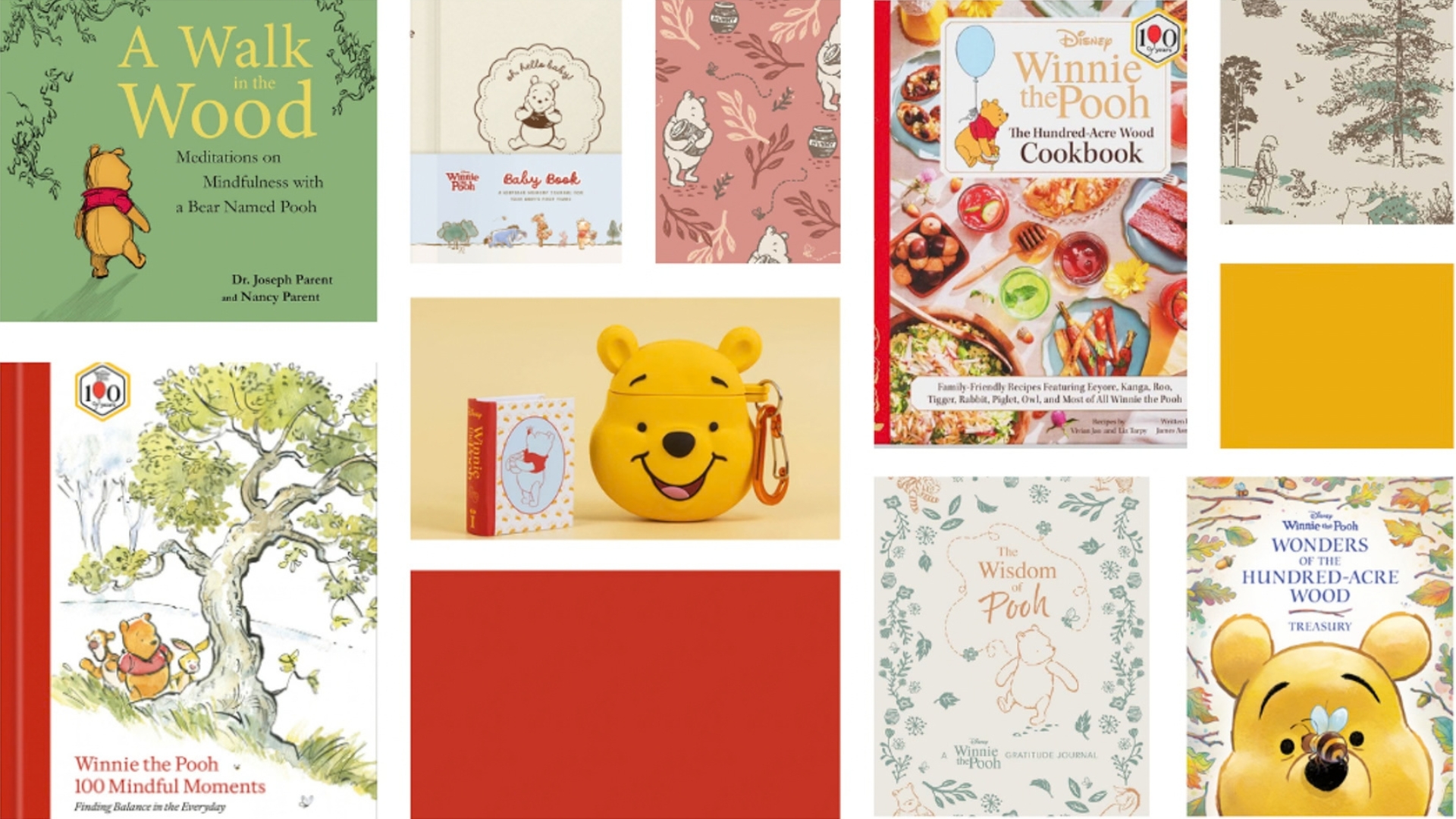 Collage of Winnie the Pooh 100th Anniversary books and gifts, including A Walk in the Wood, Winnie the Pooh 100 Mindful Moments, The Hundred-Acre Wood Cookbook, The Wisdom of Pooh Gratitude Journal, Wonders of the Hundred-Acre Wood Treasury, a Winnie the Pooh baby book, a miniature Winnie the Pooh book, and a Pooh-shaped collectible case, displayed alongside Hundred-Acre Wood-inspired artwork and patterns.